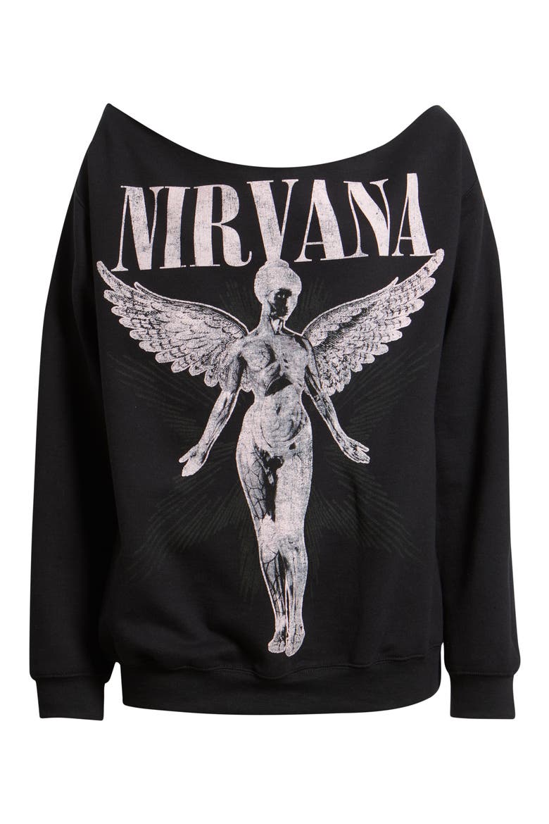 Nirvana Graphic Off the Shoulder Sweatshirt, Main, color, BLACK