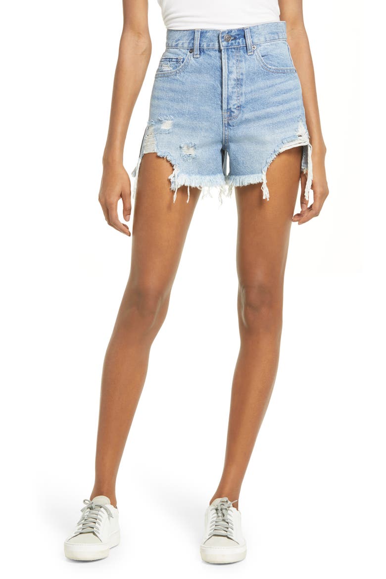 Chewed Hem Distressed Denim Shorts, Main, color, MEDIUM WASH