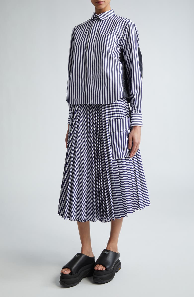 Sacai Stripe Poplin & Nylon Twill Button-Up Shirt, Alternate, color, 