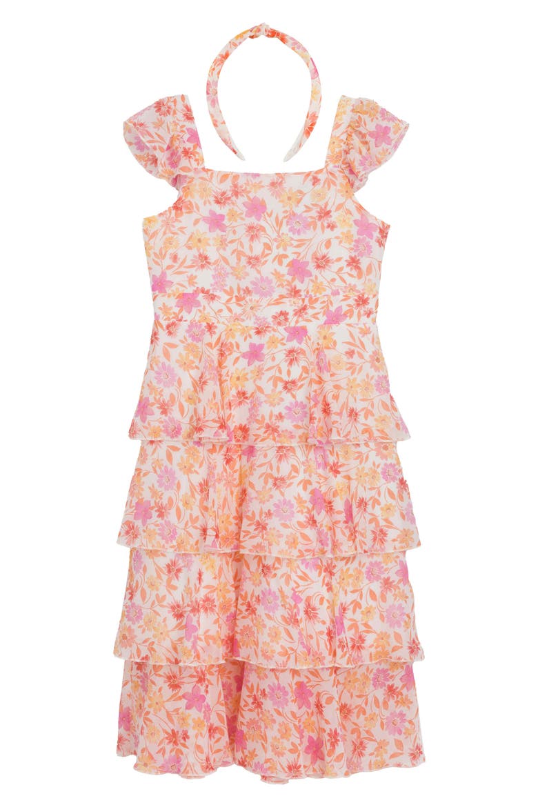 Kids' Floral Tiered Dress & Headband Set, Main, color, IVORY/ CORAL JM
