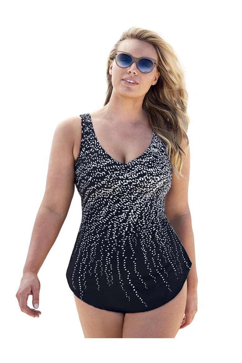 Dotted Sarong Front One Piece Swimsuit, Main, color, Engineered Rain