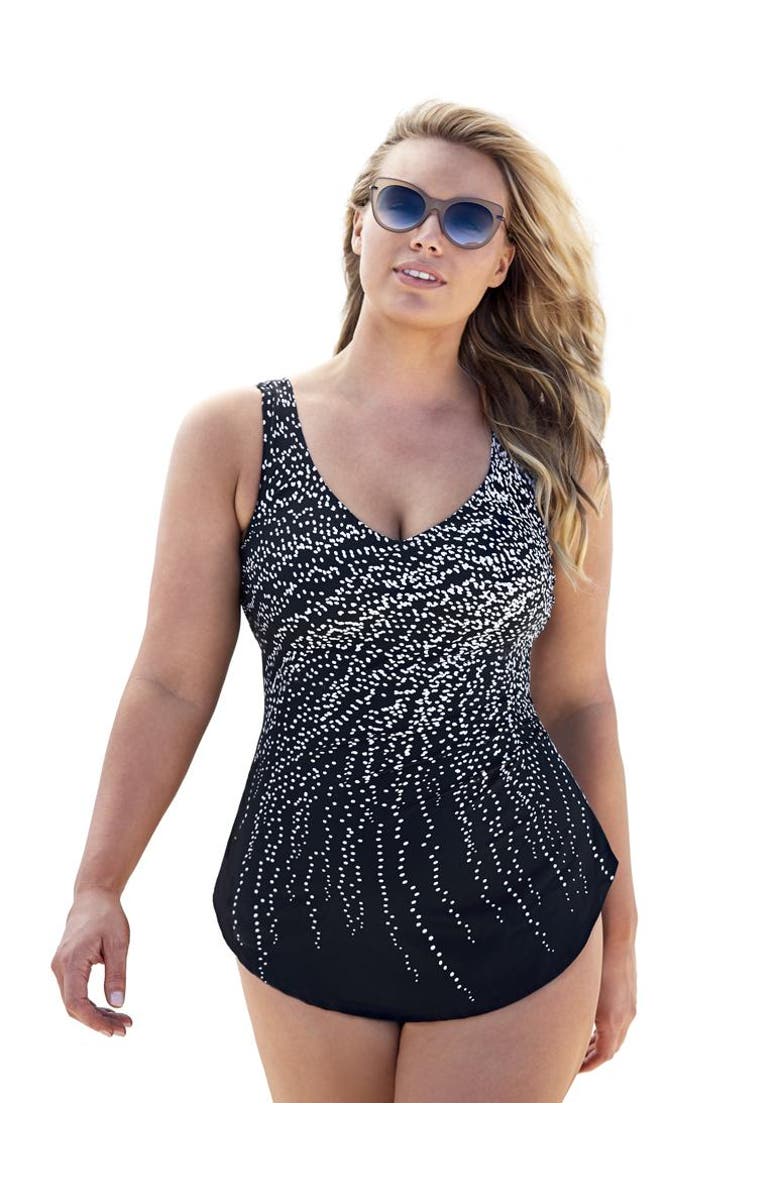 Swimsuits for All Dotted Sarong Front One Piece Swimsuit, Main, color, Engineered Rain