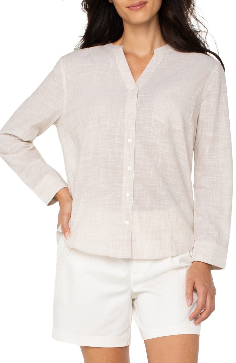 Liverpool Los Angeles Crosshatch Band Collar Cotton Button-Up Shirt, Alternate, color, Light Tan/White Crosshatch