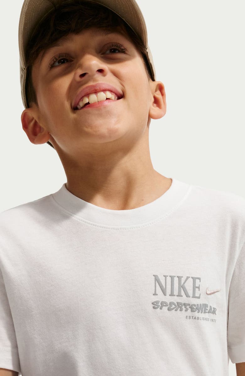 Nike Kids' Sportswear Embroidered Cotton Graphic T-Shirt, Alternate, color, Summit White/ Wolf Grey
