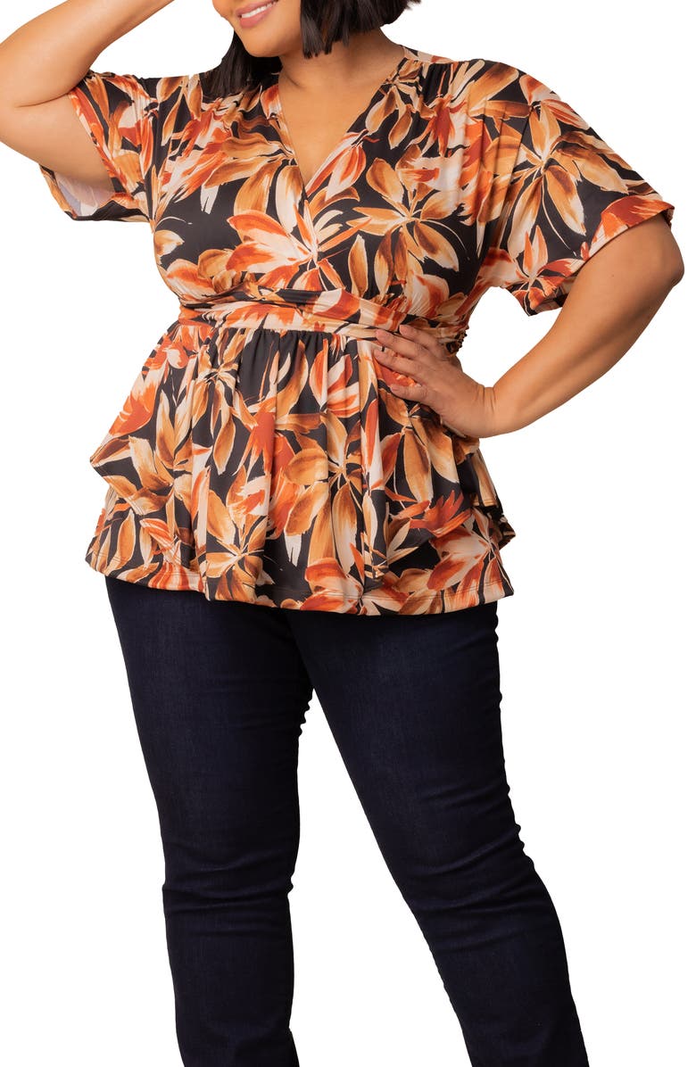 Kiyonna Encore Print Faux Wrap Top, Alternate, color, Black/ Orange Multi