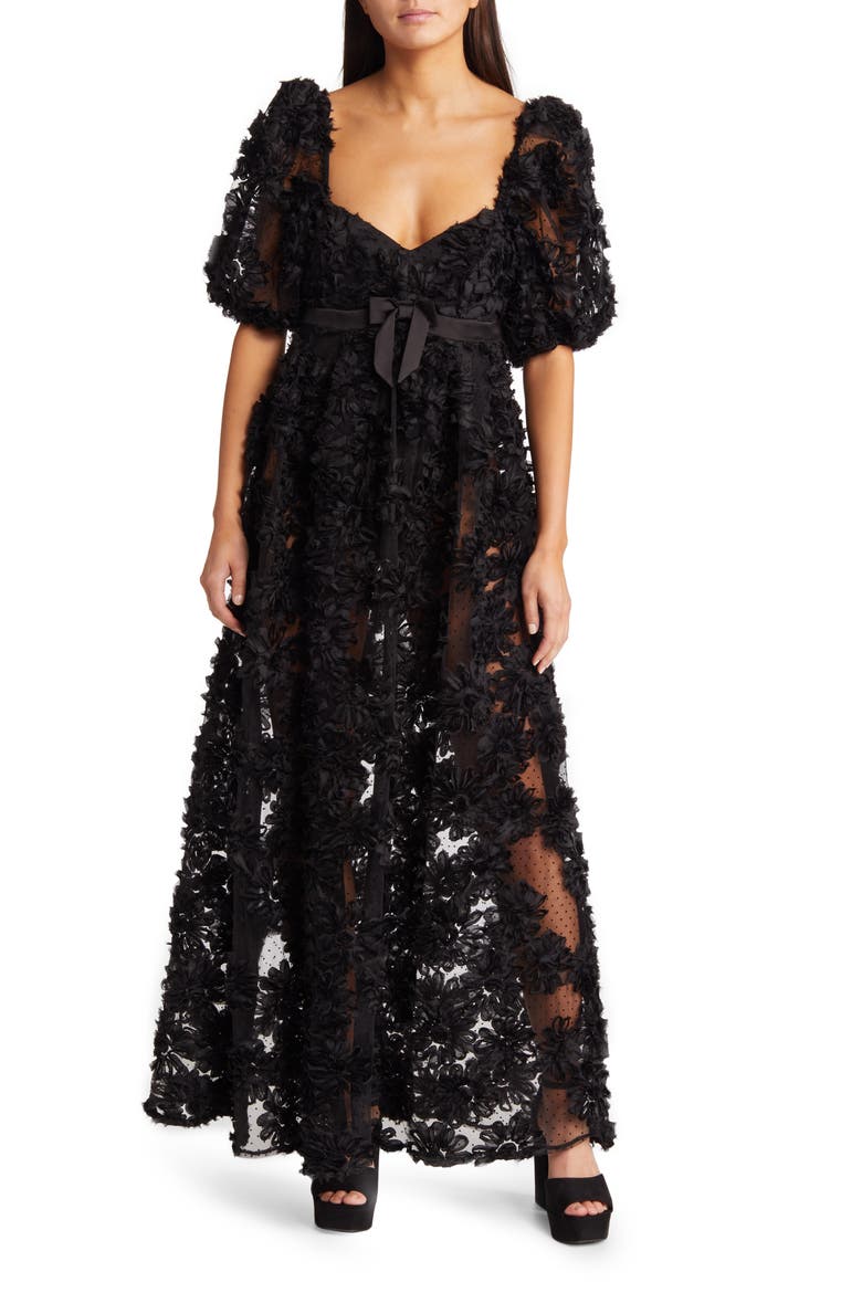 Astrid Embroidered Back Cutout Flock Dot Gown, Main, color, BLACK