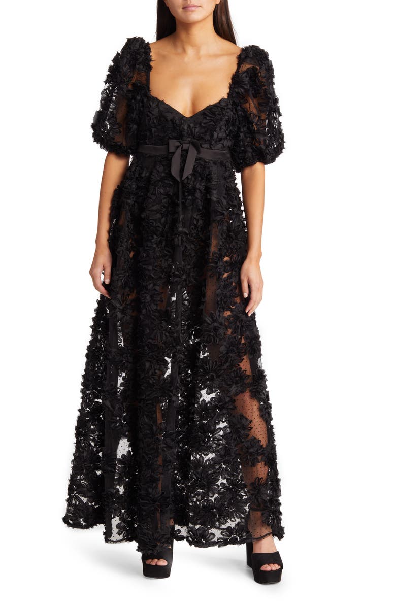 For Love & Lemons Astrid Embroidered Back Cutout Flock Dot Gown, Main, color, 