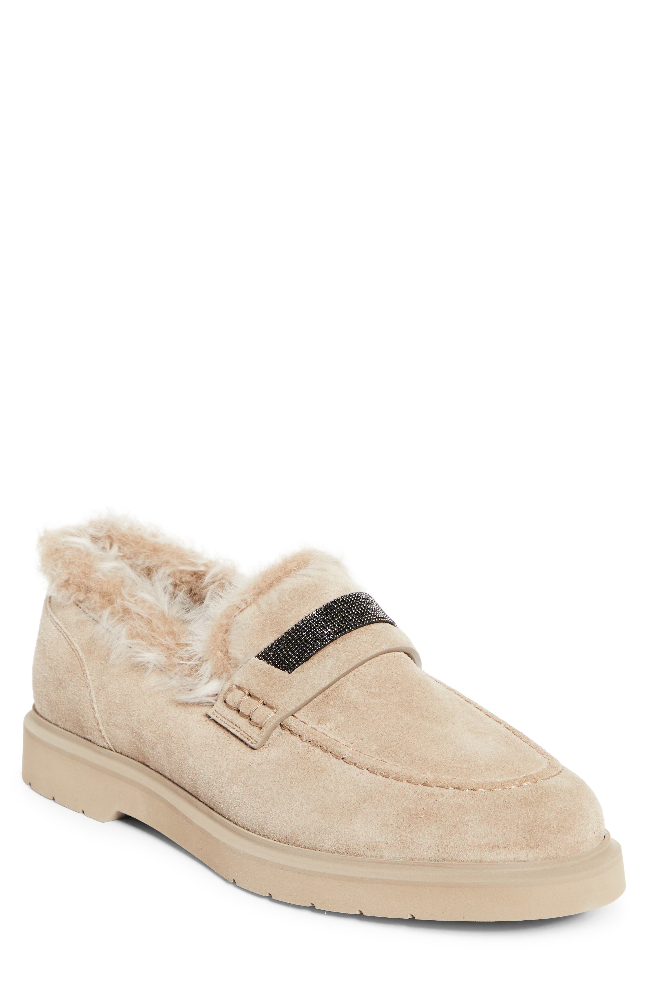 Brunello Cucinelli Monili Genuine Shearling Lined Loafer, Main, color, Ice