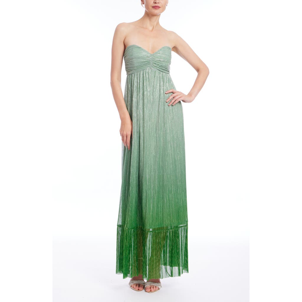 Jewel Badgley Mischka Metalllic Ombré Strapless Gown In Green Silver