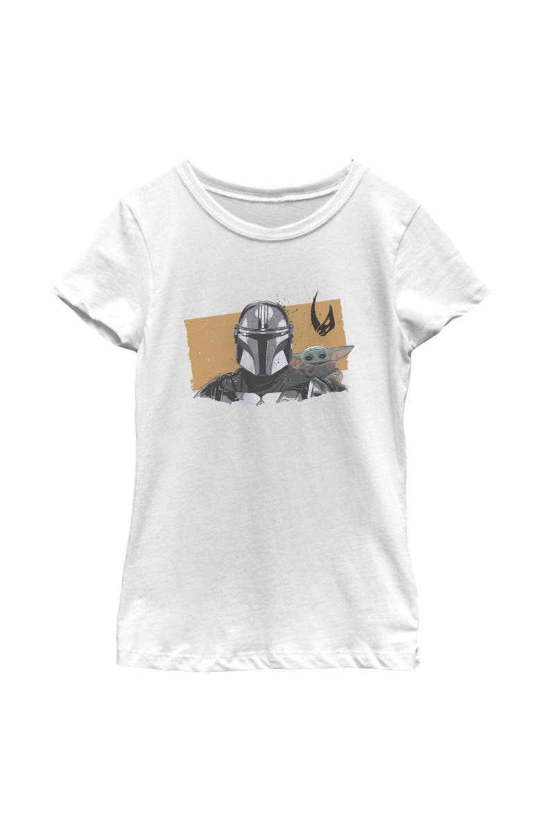Star Wars: The Mandalorian and Grogu Girl's Star Wars The Mandalorian and Grogu Bounty Hunter and The Child Portrait  Graphic T-Shirt, Main, color, White