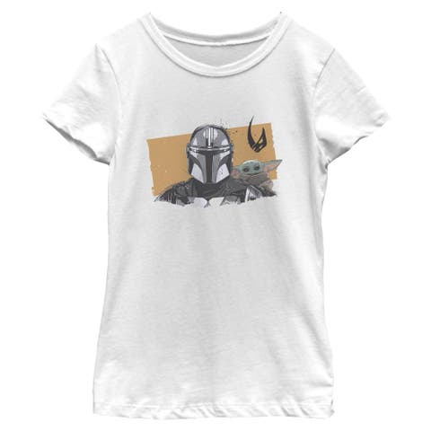 Girl's Star Wars The Mandalorian and Grogu Bounty Hunter and The Child Portrait  Graphic T-Shirt