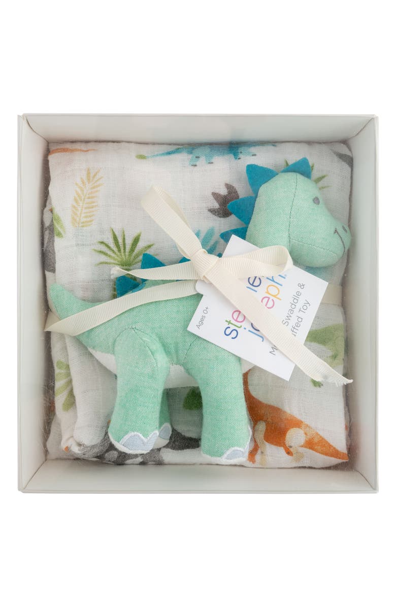 Stephen Joseph Cotton Muslin Swaddle Blanket & Stuffed Animal Gift Set, Alternate, color, Blue/ Green