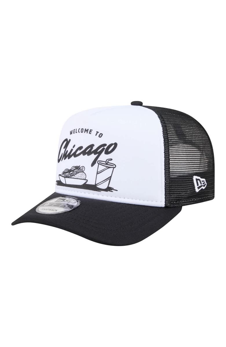 New Era Men's New Era White/Black Chicago White Sox Foodie A-Frame 9FIFTY Trucker Snapback Hat, Alternate, color, White
