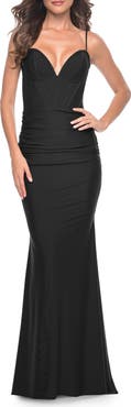 La Femme Jersey Dress with Bustier Top and Illusion Back