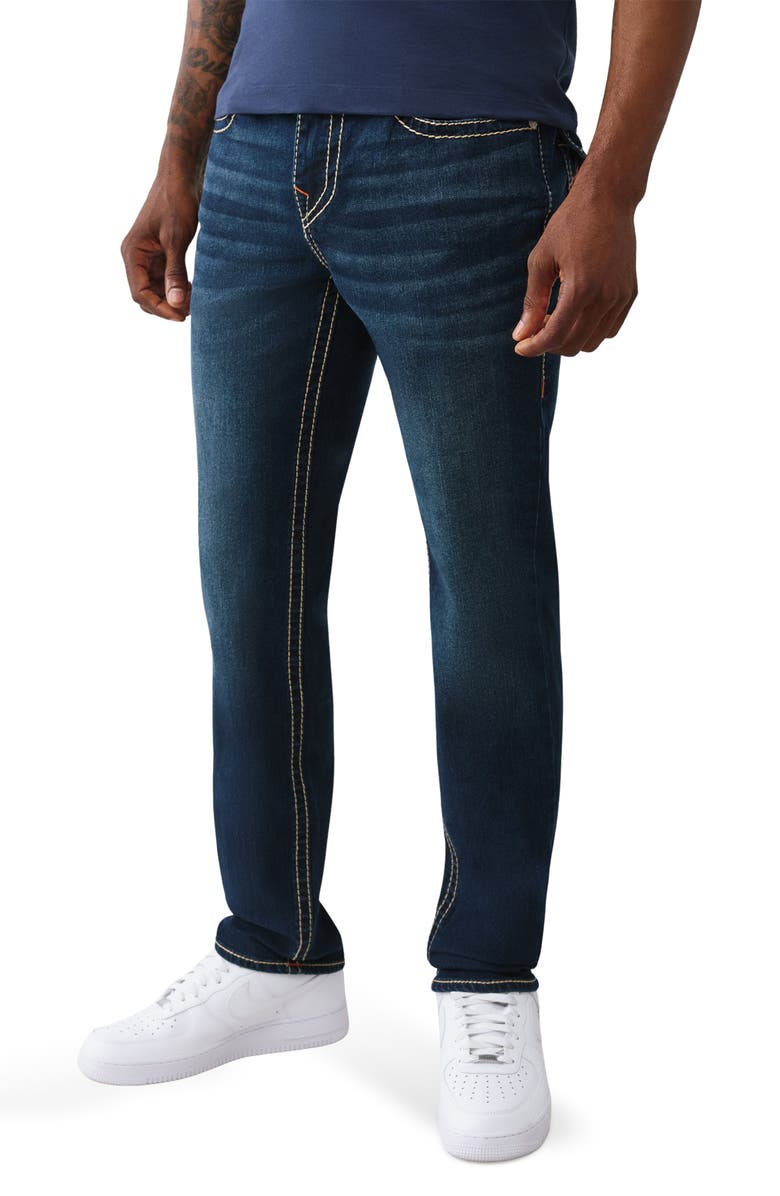 True Religion Geno Big T Flap Pocket Slim Jeans, Alternate, color, Dark Mahogany Wood Wash