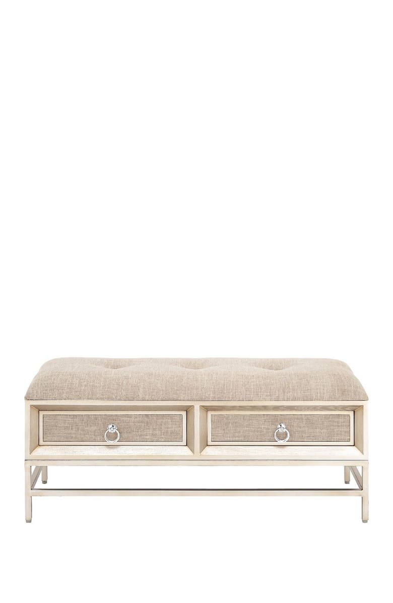 WILLOW ROW Beige Linen Upholstered Front Panel Storage Bench with Tufted Seat & Ring Handles, Main, color, 