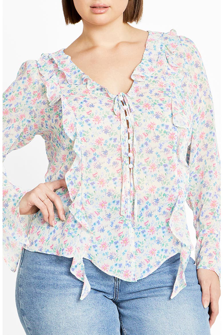 Lidia Floral Ruffle Long Sleeve Chiffon Top, Main, color, DELICATE DITSY