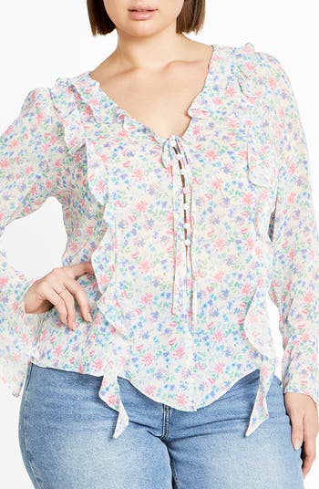 City Chic Lidia Floral Ruffle Long Sleeve Chiffon Top