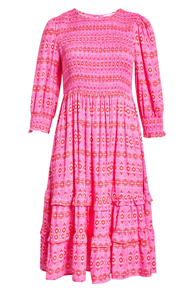 Mirany Ikat Print Long Sleeve Tiered Dress, Alternate, color, FUSCHIA-RED-MULTI