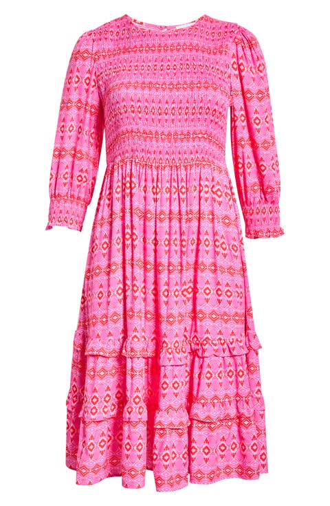 Mirany Ikat Print Long Sleeve Tiered Dress (Plus)