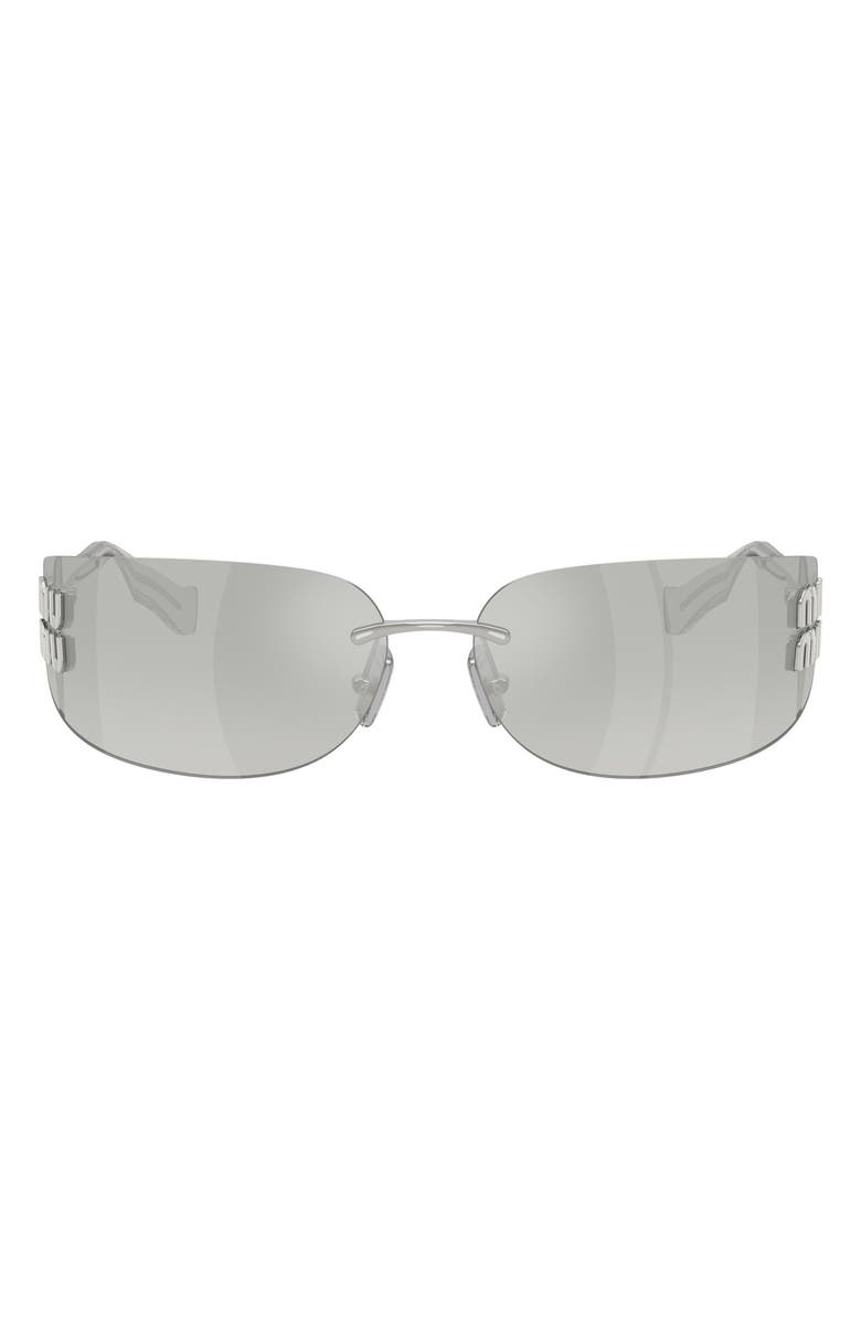 Miu Miu 75mm Oversize Rectangular Wrap Sunglasses, Main, color, Silver / Silver Mirror