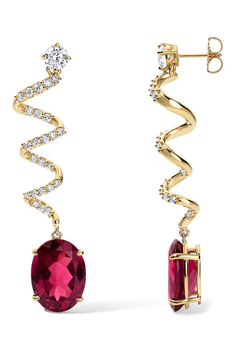 Rubellite & Diamond Spiral Drop Earrings, Main, color, 18K YELLOW GOLD