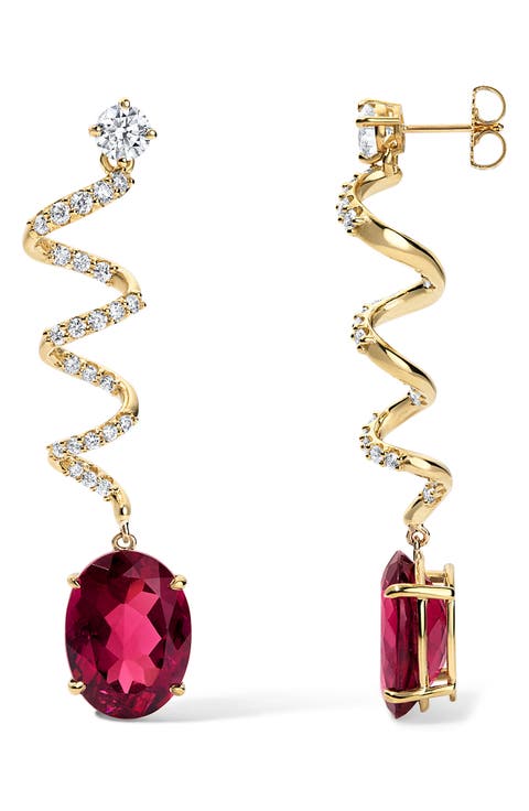 Rubellite & Diamond Spiral Drop Earrings
