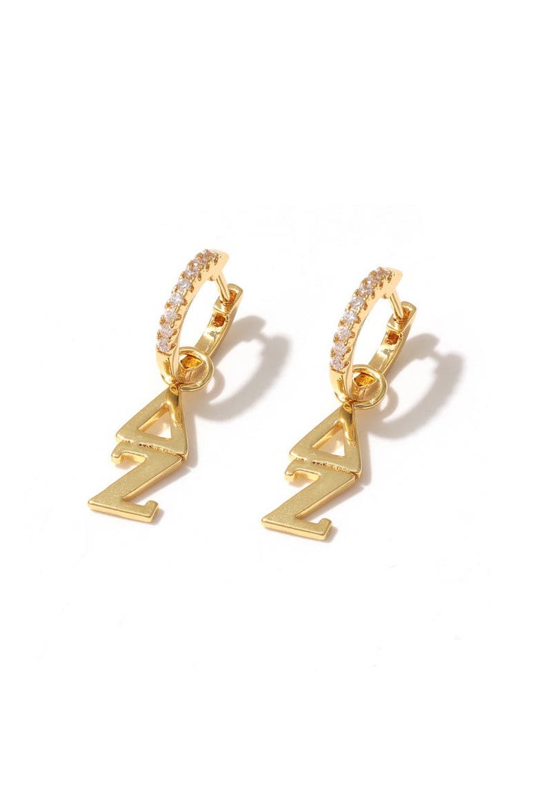 Delta Zeta Greek Letter Huggie + Charm Earrings, Main, color, Yellow Gold