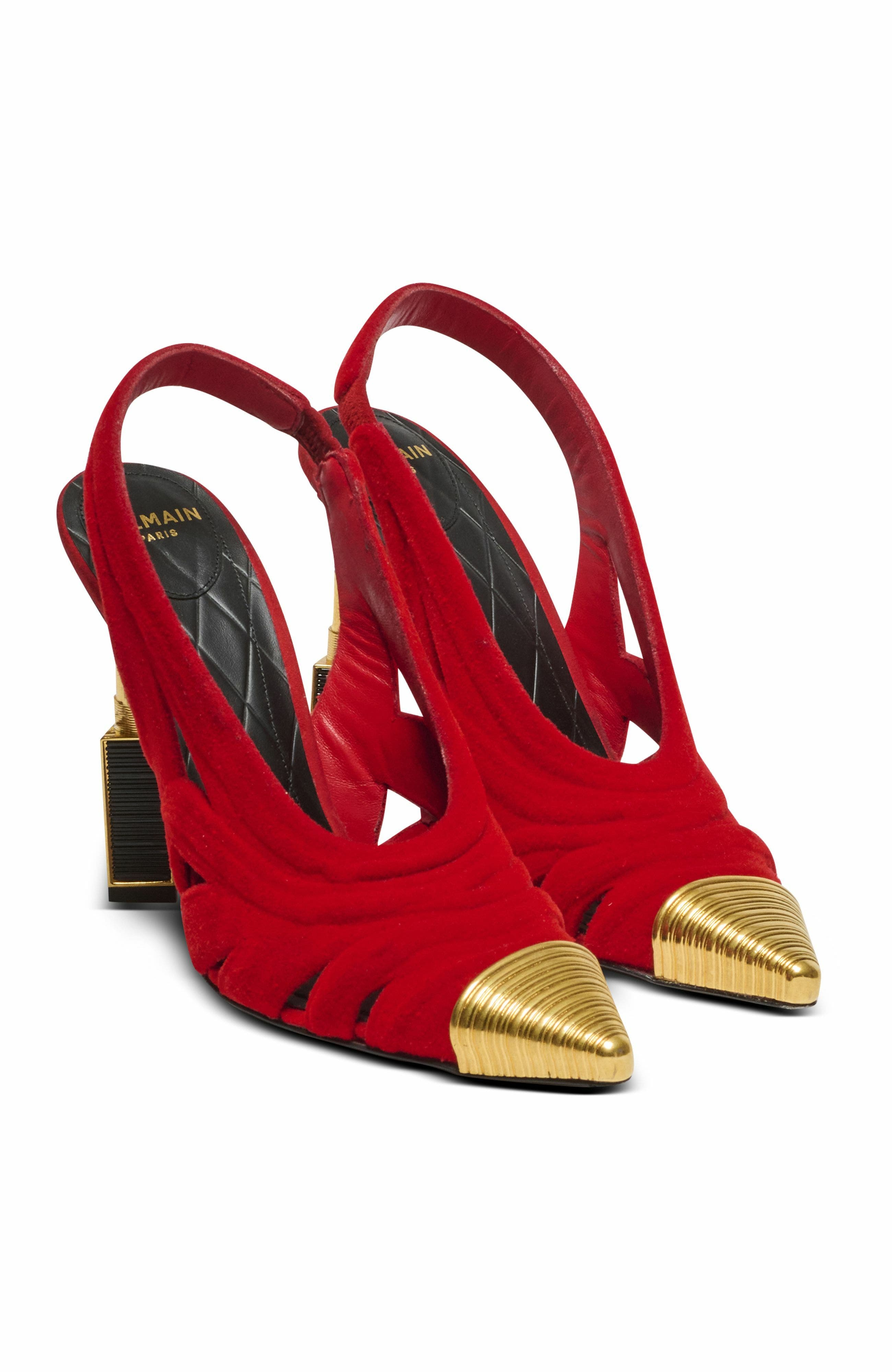Balmain Lipstick Pumps In Suede Leather And Brass, Alternate, color, Red