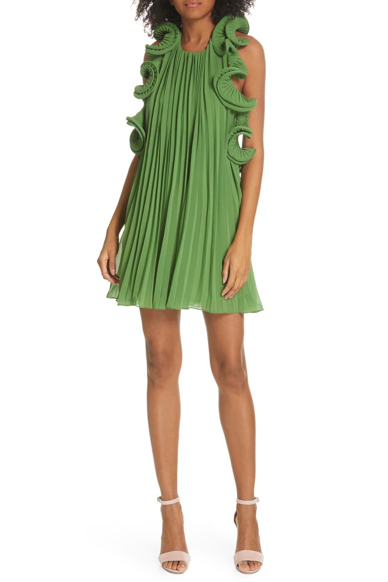 Mimi Pleated Ruffle Dress, Main, color, GRASS GREEN