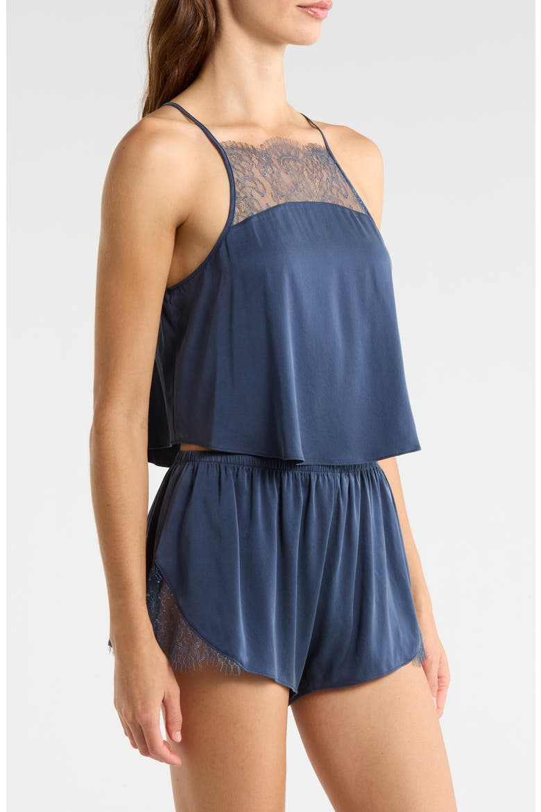 Lace Trim Washable Silk Short Pajamas, Alternate, color, DEEP BLUE