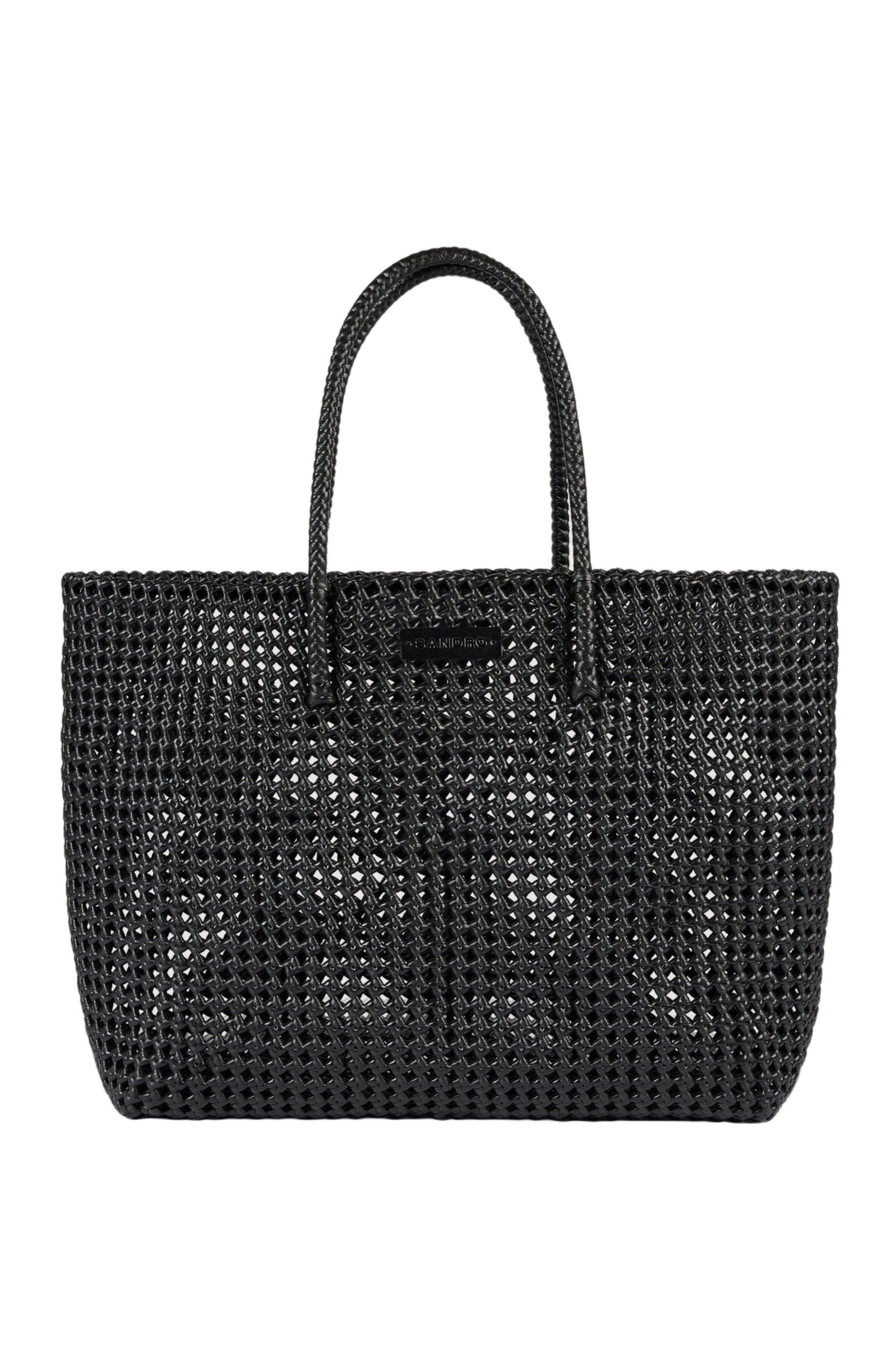 SANDRO Woven tote bag with patch, Main, color, Black