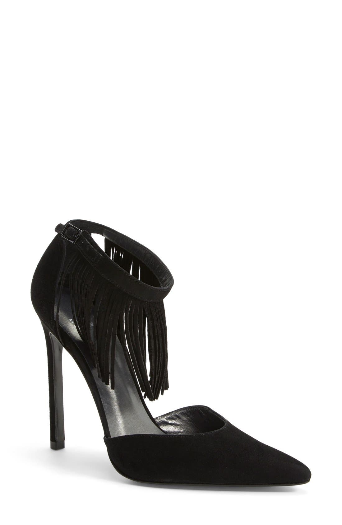 'Fringelica' Fringe Suede Ankle Strap Pump, Main, color, BLACK SUEDE