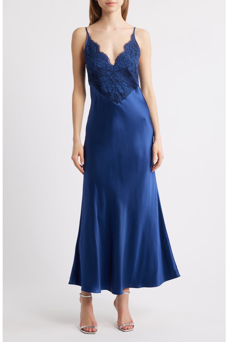 Polina Lace Bodice Satin Slipdress, Main, color, NAVY