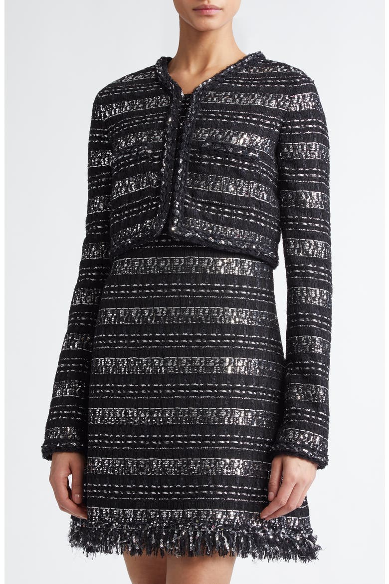Sequin & Metallic Tweed Crop Jacket, Alternate, color, BLACK/ SILVER