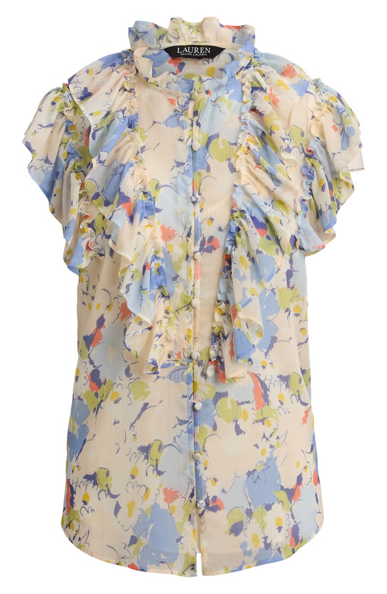 Lauren Ralph Lauren Floral Print Ruffle Trim Button-Up Top, Alternate, color, Blue Multi