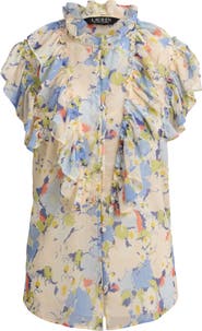 Lauren Ralph Lauren Floral Print Ruffle Trim Button-Up Top