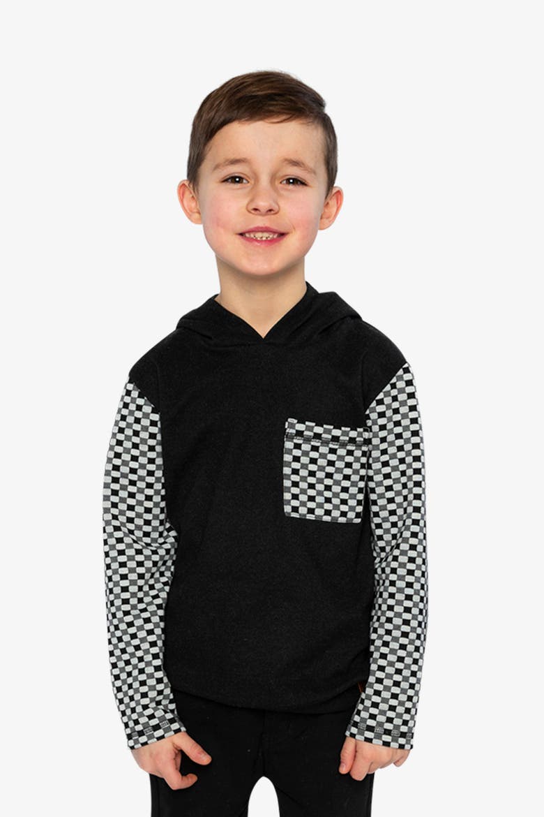 Colorblock Checkered Chest Pocket Hooded Top, Alternate, color, Black and White