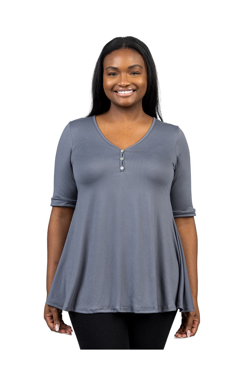 24seven Comfort Apparel Elbow Sleeve Henley Tunic Top, Main, color, Charcoal