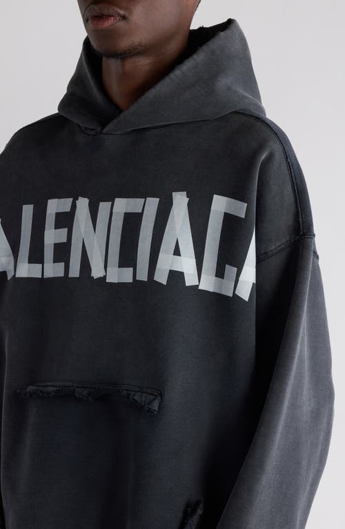 Shop Balenciaga Tape Type Ripped Pocket Large Fit Fleece Hoodie In Faded Washed Black