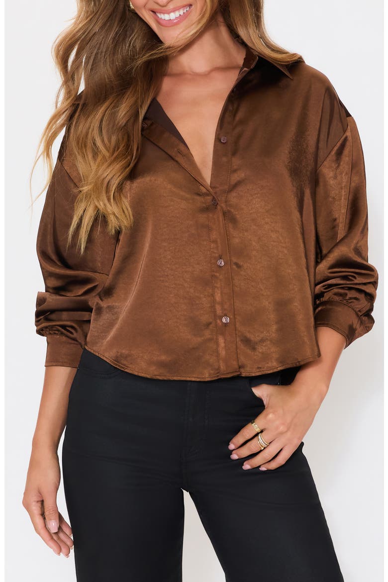 Chestnut Satin Button-Up Shirt, Main, color, DARK BROWN