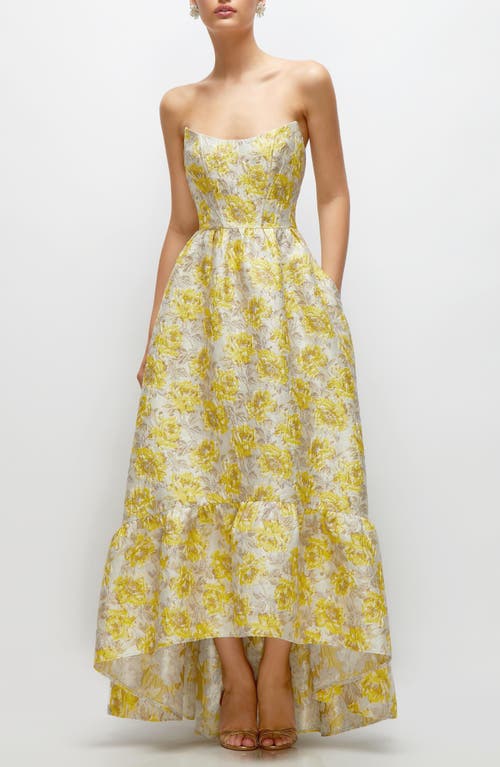 Dessy Collection Metallic Jacquard Corset High/low Gown In Golden Yellow