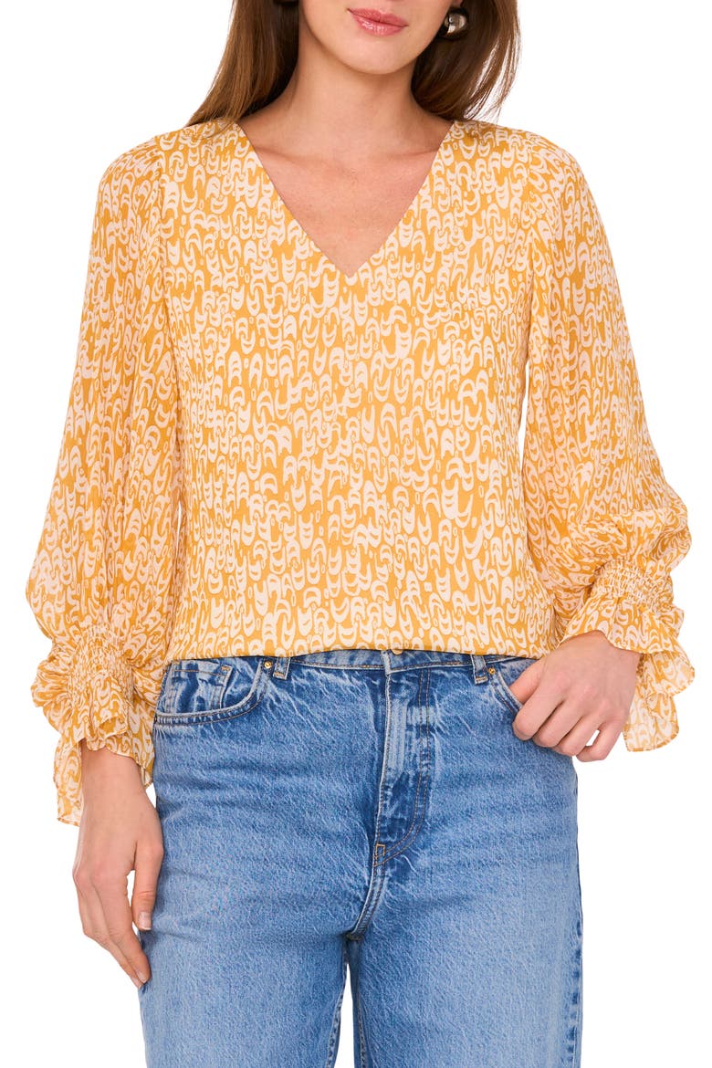 Printed V-Neck Ruffle Cuff Top, Main, color, GOLDEN SPICE