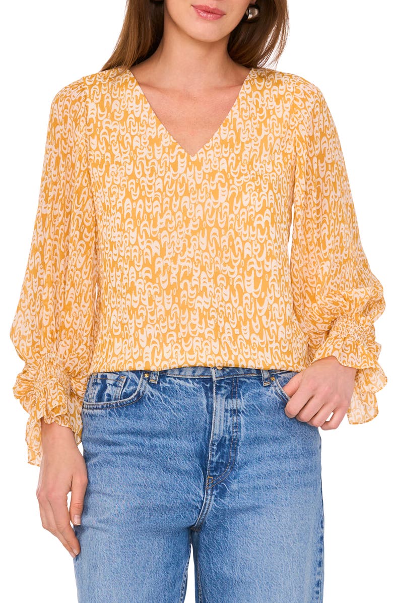 Vince Camuto Printed V-Neck Ruffle Cuff Top, Main, color, Golden Spice