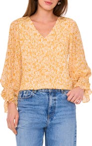 Vince Camuto Printed V-Neck Ruffle Cuff Top