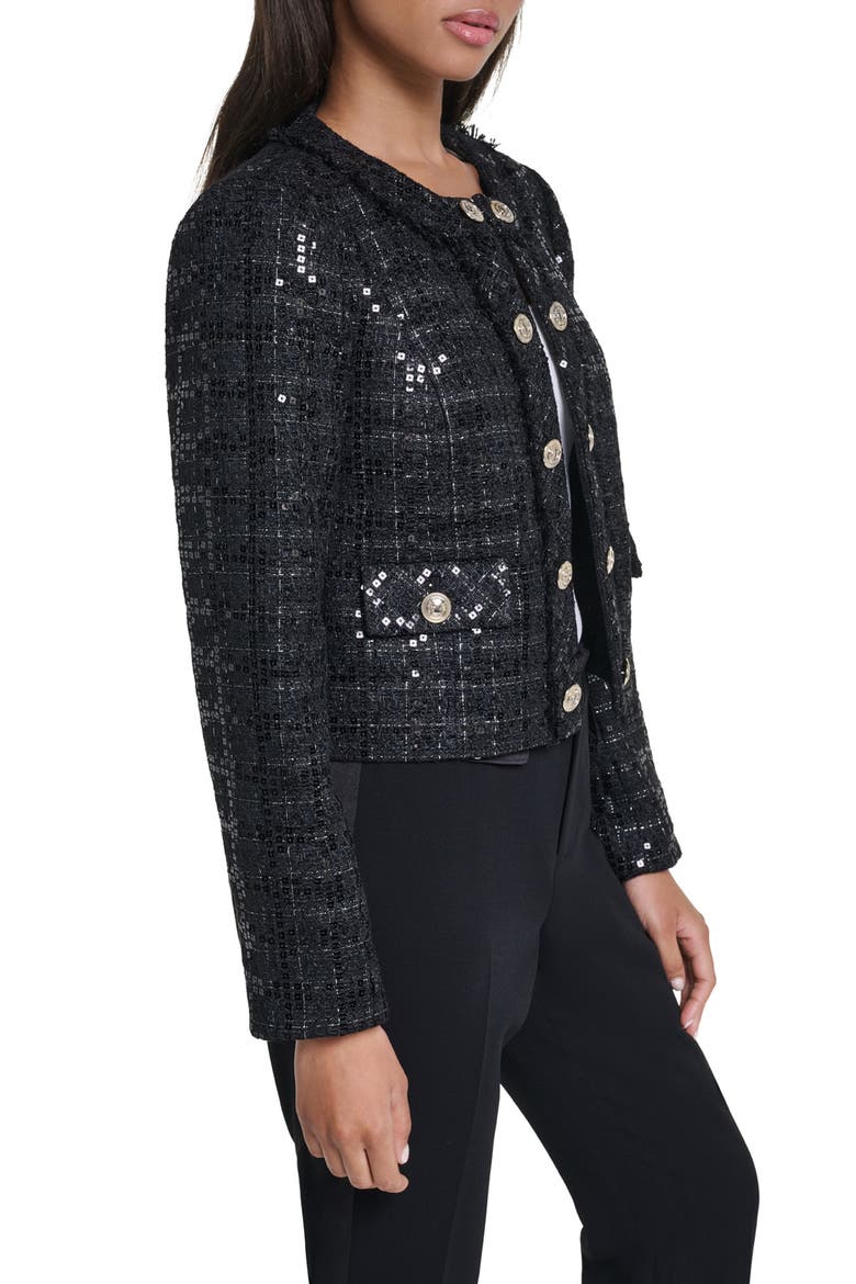Sequin Collarless Jacket, Alternate, color, BLACK