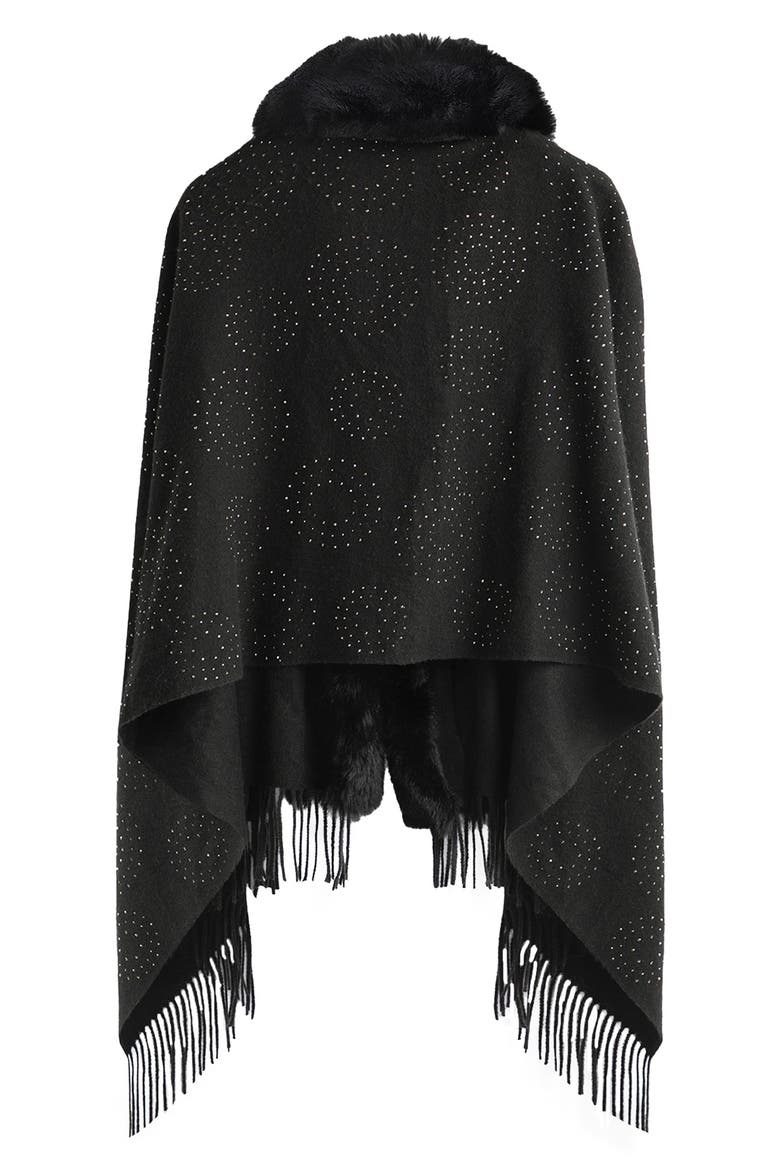 Rhinestone Ruana with Faux Fur Trim, Alternate, color, BLACK