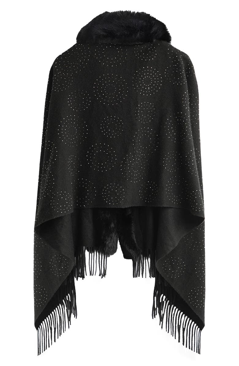 SAACHI Rhinestone Ruana with Faux Fur Trim, Alternate, color, Black