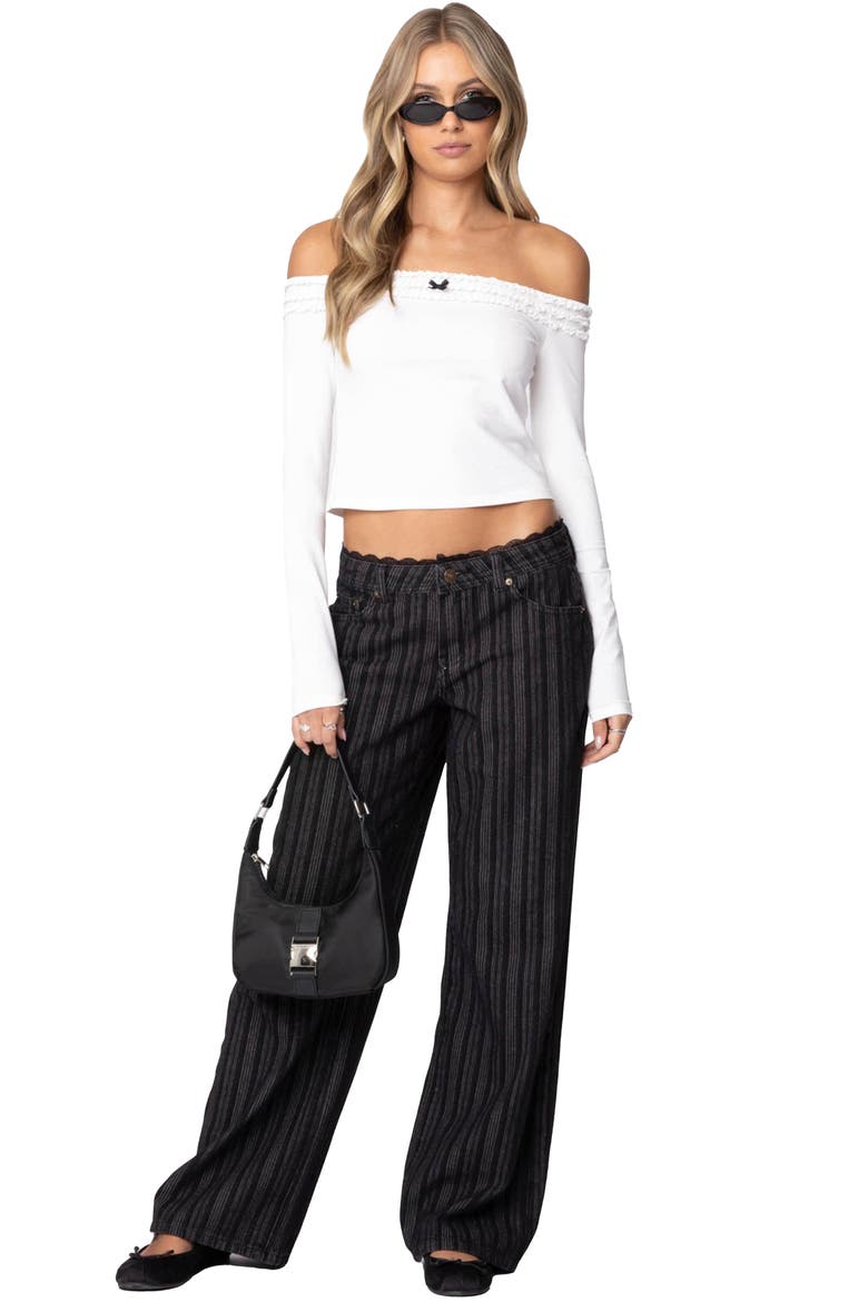 Stripe Lace Trim Low Rise Wide Leg Jeans, Alternate, color, BLACK