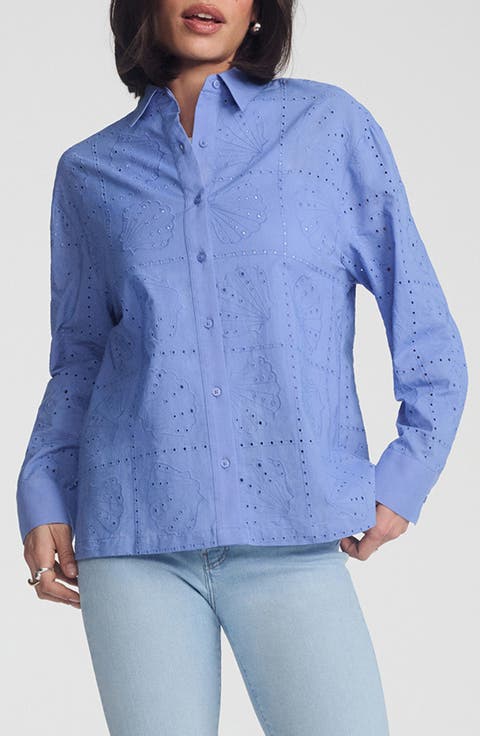 Scallop Eyelet Cotton Button-Up Shirt